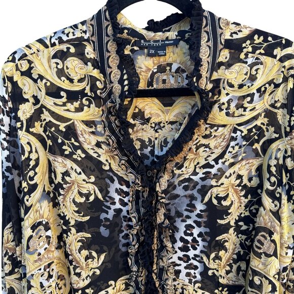 ECI New York Womens Ruffle Trim Black Gold Baroque Glam Leopard Print Blouse 2X - Picture 3 of 9